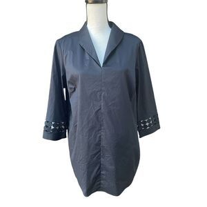 Ming Wang Tunic Top Women's Size Medium Black V-Neck 3/4 Sleeve Eyelet Trim‎